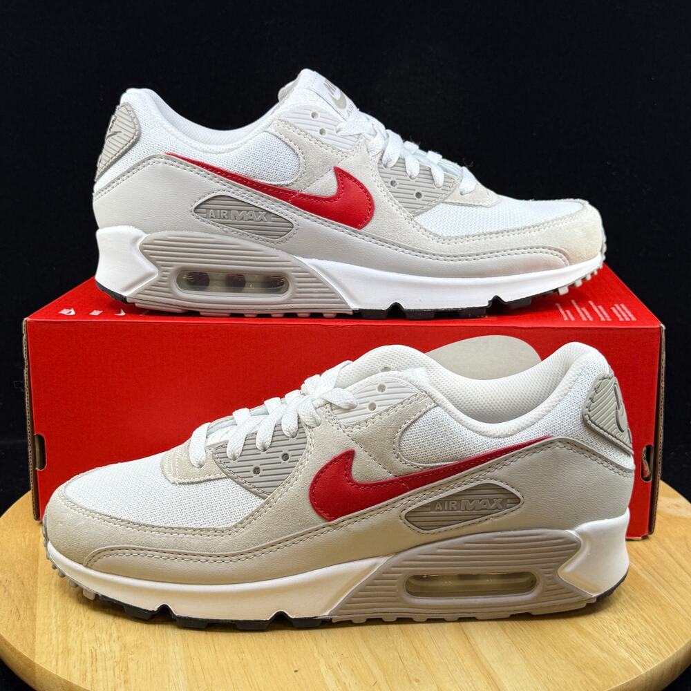 Nike Air Max 90 'White Grey University Red' DM0029-113 Men's Size 9.5 Shoes - Picture 1 of 10